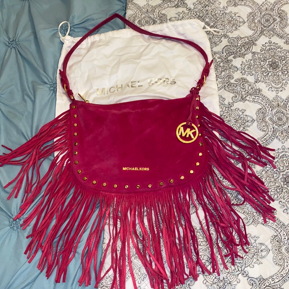 Michael Kors Studded Suede Pink Fringe Purse with Dust Bag